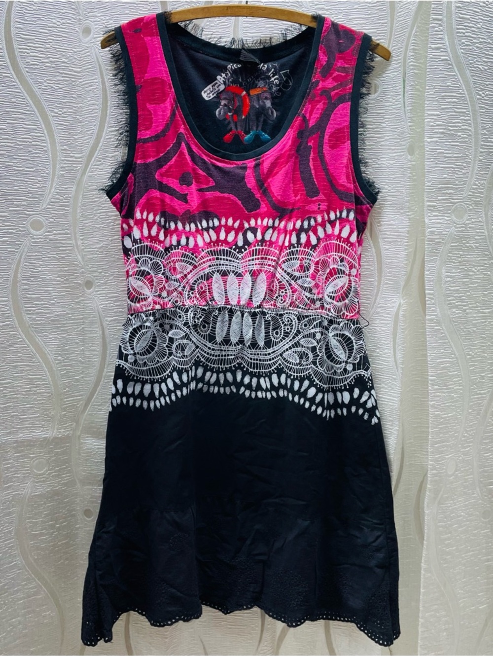 Desigual Pink and Black Sleeveless Mini Dress with White Lace Motif